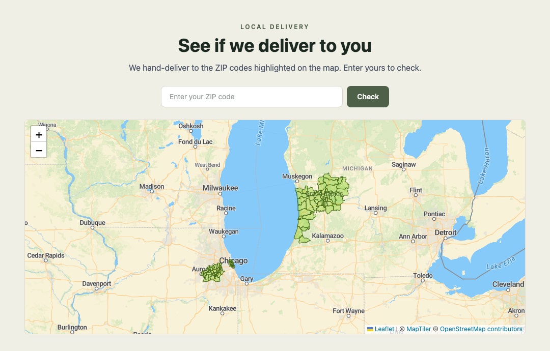 See if we deliver to you: a ZIP check with the delivery ZIP codes highlighted on a map of Michigan and Chicago