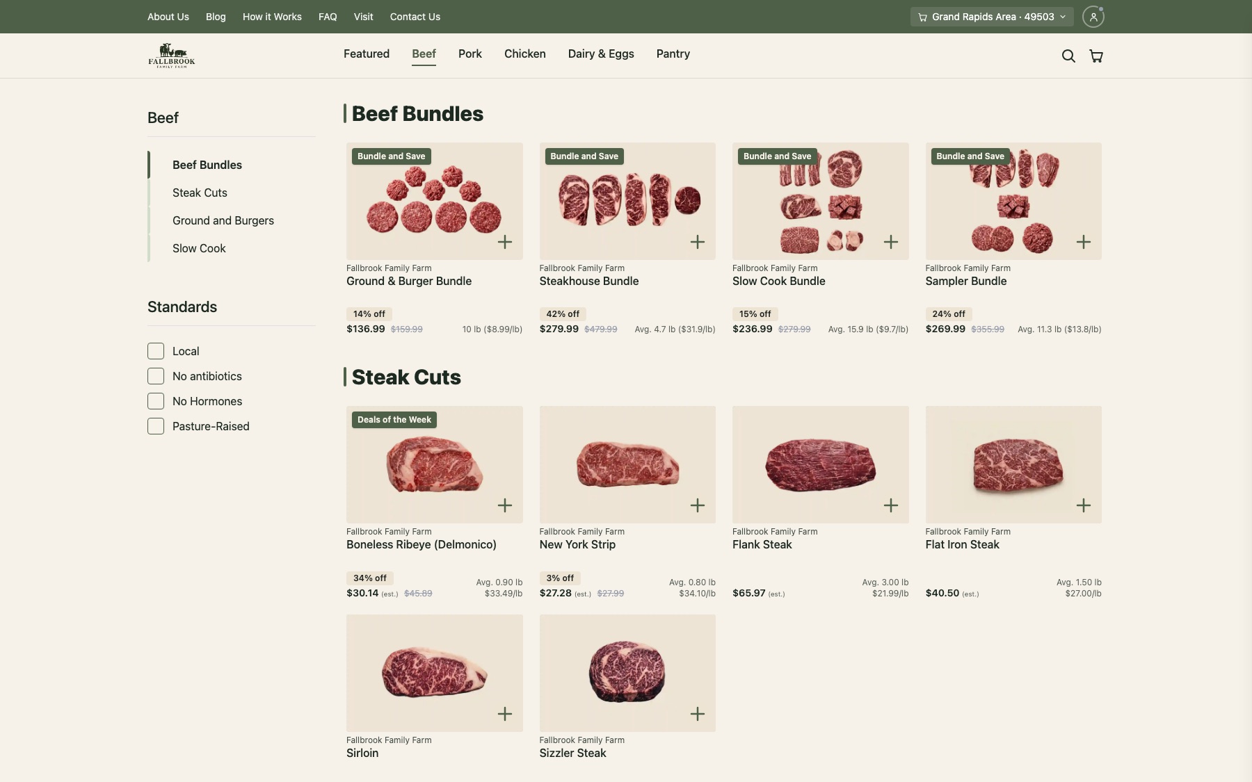 Fallbrook Family Farm beef aisle: bundles and steak cuts with per-pound estimates