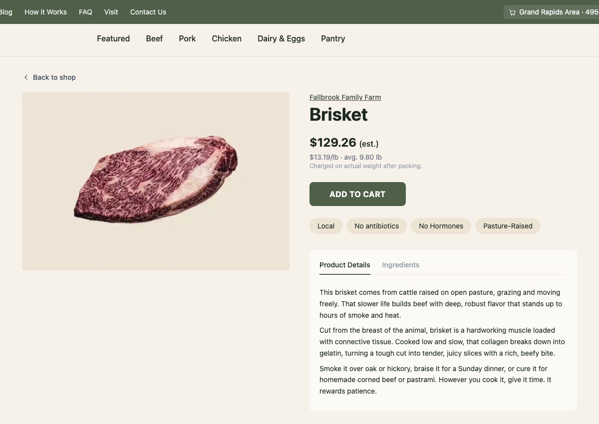 Brisket product page: estimated price at the average weight, charged on actual weight after packing