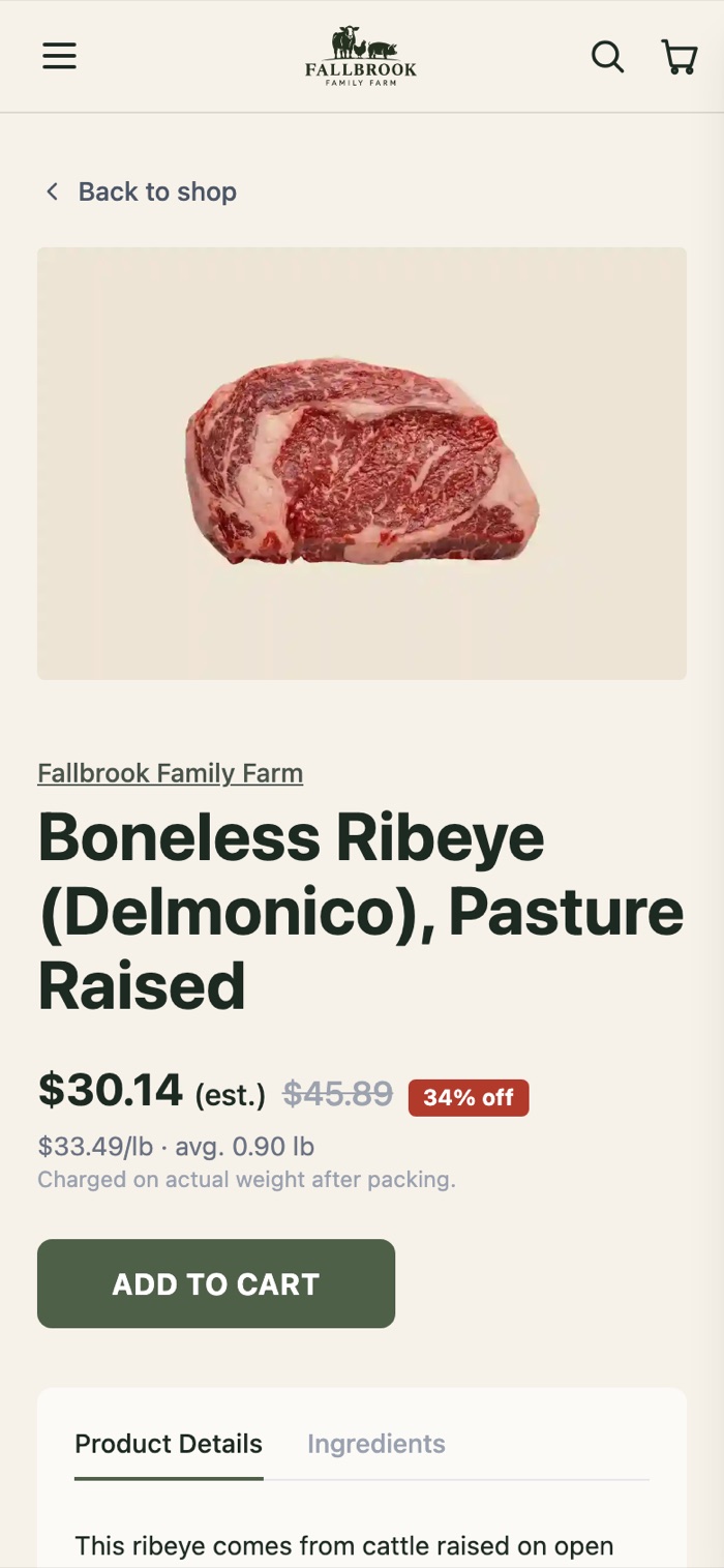Product page on a phone: Boneless Ribeye (Delmonico), Pasture Raised, estimated price, charged on actual weight after packing