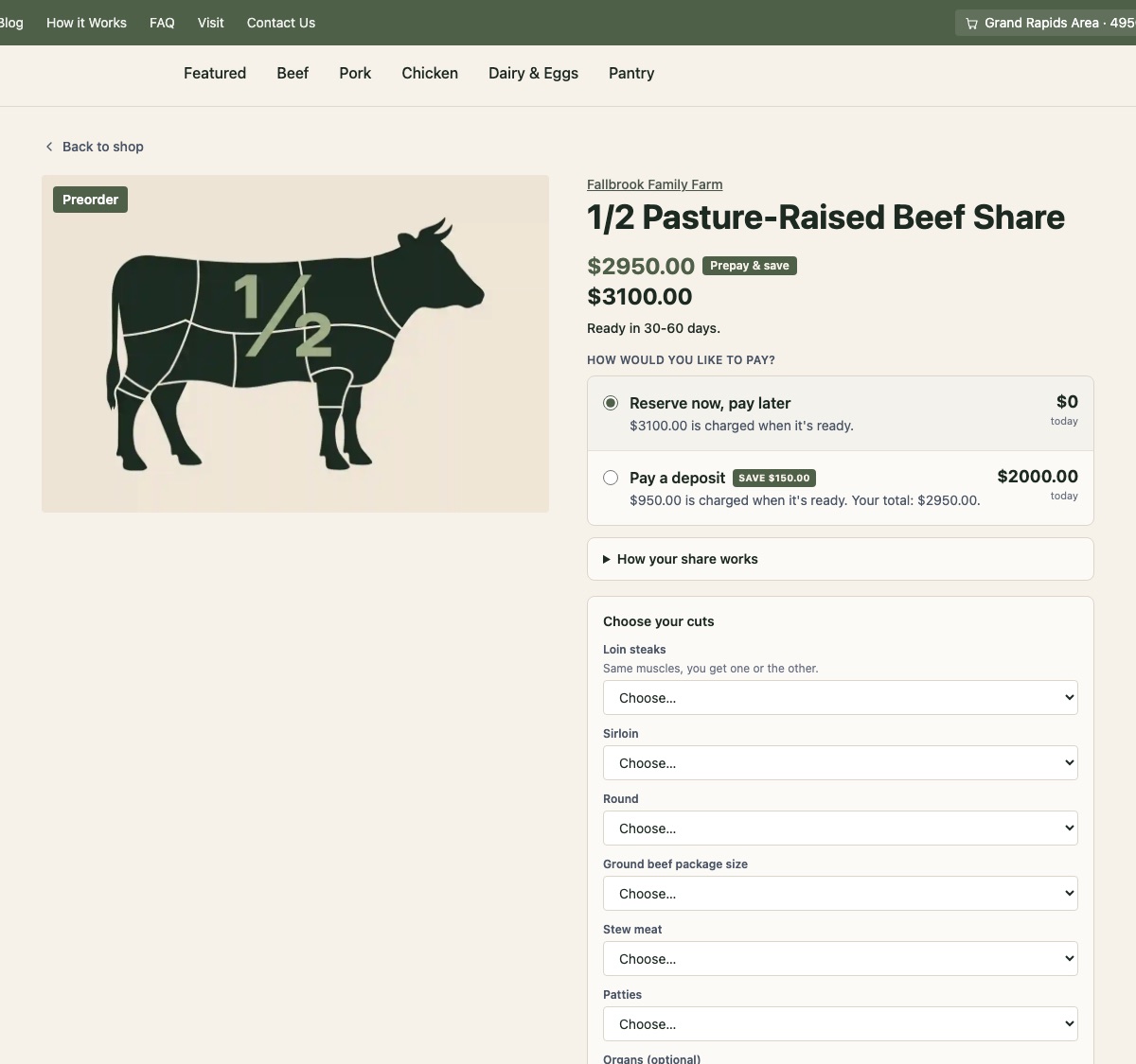 Half beef share page: deposit or prepay, then the cut sheet where the customer picks their cuts