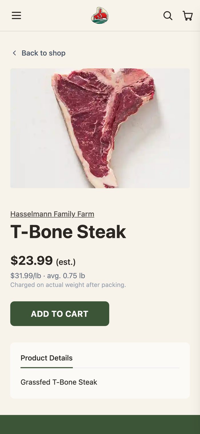 Product page on a phone: T-Bone Steak, charged on actual weight after packing